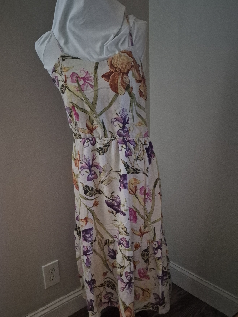 Joie White Floral Spaghetti-Strap Maxi Dress with Purple & Tan Blooms